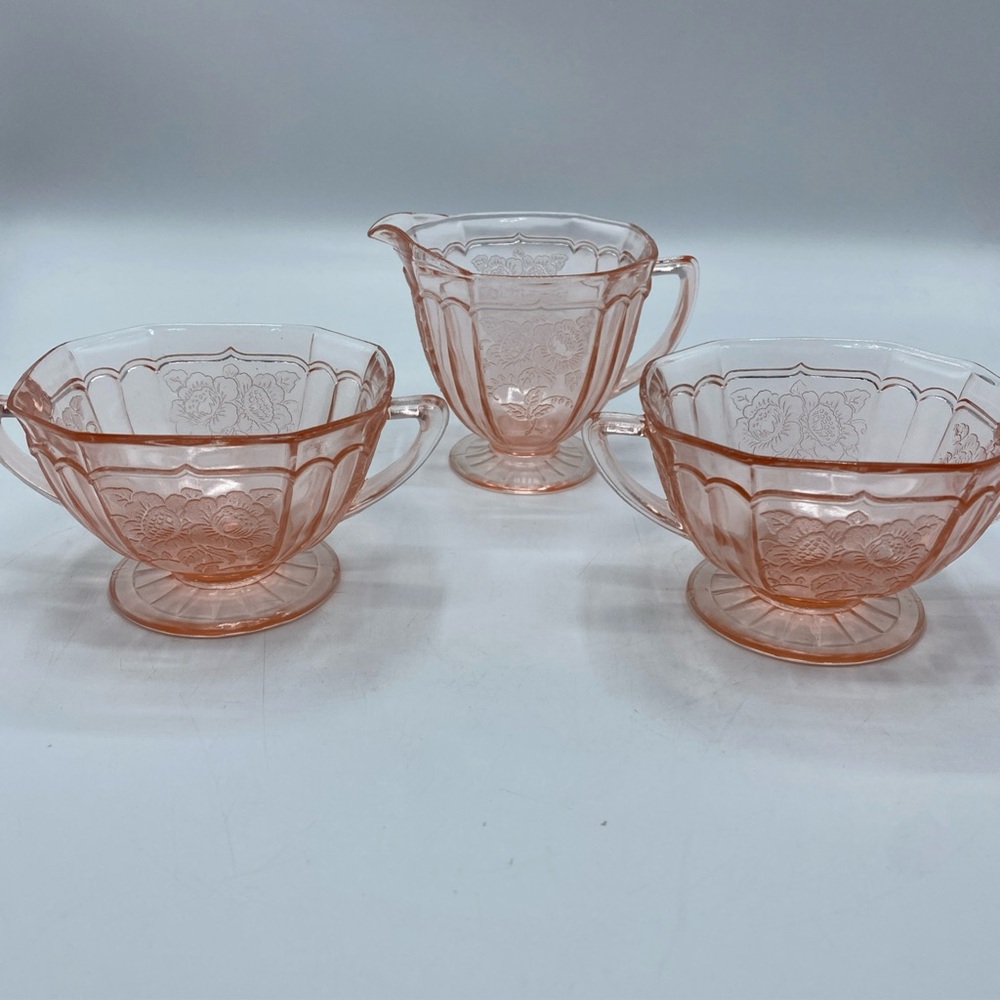 Vintage Pink Depression Glass Cream Pitcher 2 Sugar Bowls Footed Floral Etched